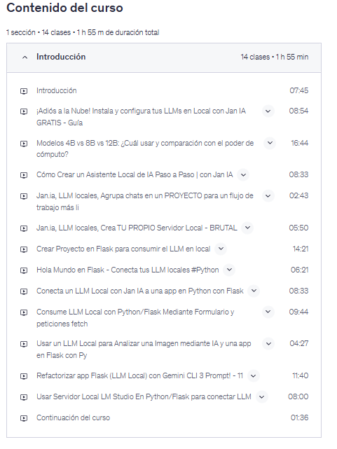 Contenido del curso "Crea tu propia app tipo ChatGTP con Jan IA y Flask" en Udemy