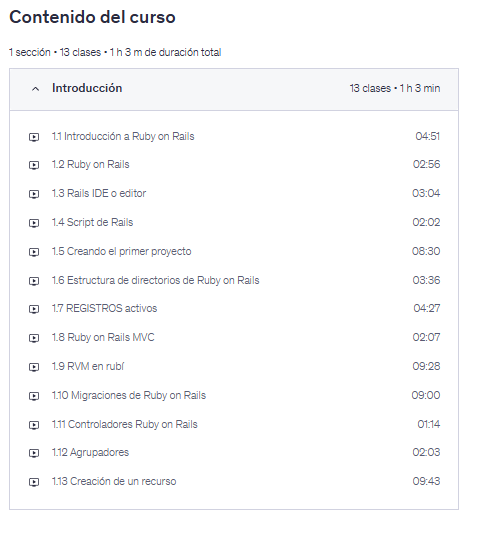 Contenido del curso "Introducción a Ruby on Rails" en Udemy