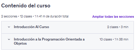 Contenido del curso "Introducción a la Programación Orientada a Objetos" en Udemy