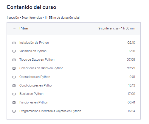 Contenido del curso "Aprende Programación con Python - Fácil y Rápido" en Udemy