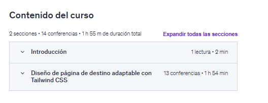 Contenido del curso "Dominio de Tailwind CSS: Crea sitios web modernos y adaptables" en Udemy
