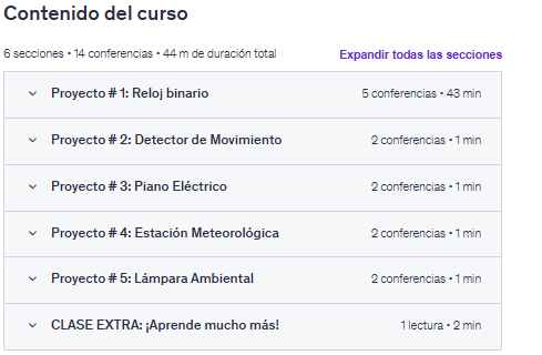 Contenido del curso "5 Proyectos de Arduino para Principiantes" en Udemy