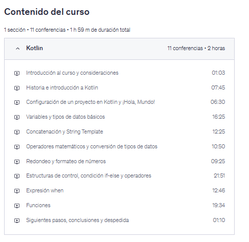 Contenido del curso "Kotlin desde Cero: Curso Básico para Principiantes" en Udemy