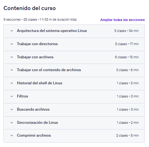 Contenidlo del curso "Conceptos básicos de Linux para principiantes." en Udemy