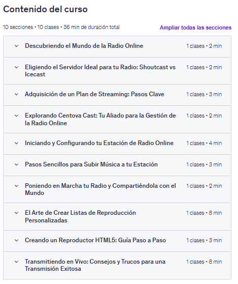 Contenido del curso "
Como Crear Una Radio Online En 30 Minutos" en Udemy