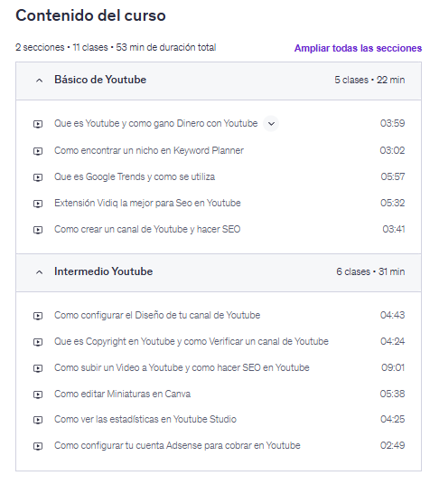 Contenido del curso "Ganar dinero con Youtube" en Udemy