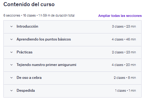 Contenido del curso "Iniciación a los amigurumis" en Udemy