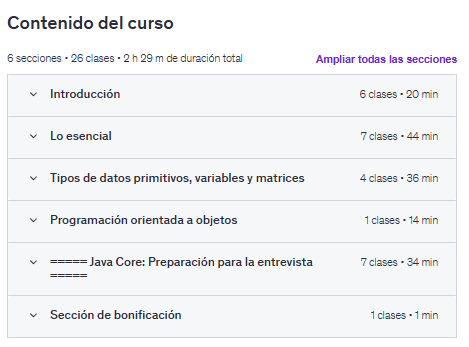 Contenido del curso "Programación Java: Domina los conceptos básicos de Java" en Udemy