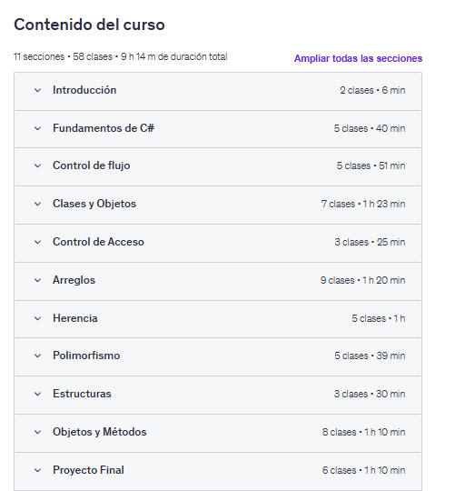 Contenido del curso "Fundamentos de C# para Principiantes" en Udemy