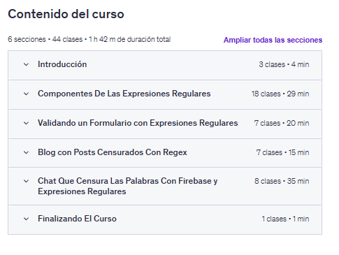 Contenido del curso "Domina las Expresiones Regulares (Regex) con Javascript" en Udemy