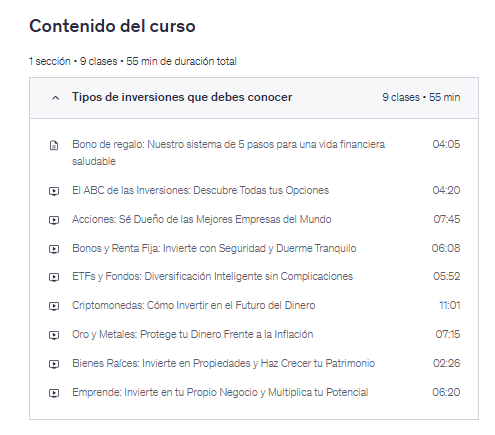 Contenido del curso Tipos de Inversiones Explicados: El ABC de invertir en Udemy