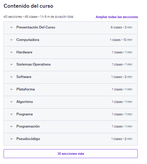 Contenido del curso "
Conceptos Básicos De Programación Y Tecnológicos Para Todos" en Udemy