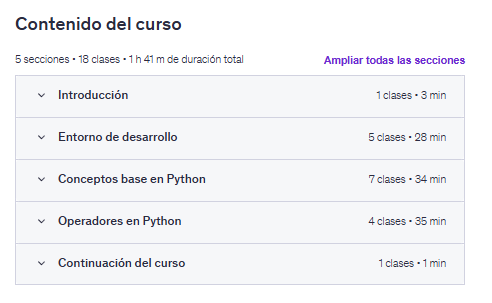 Contenido del curso "Curso básico de Python desde cero para principiantes" en Udemy