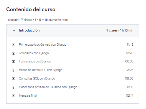 Contenido del curso "Introduccion a Django con Python [GRATIS]" en Udemy
