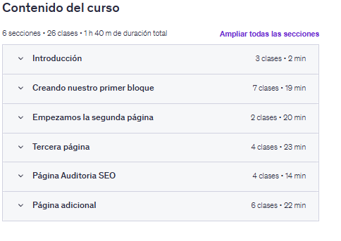 Contenido del curso "Domina Elementor [FREE] | Nivel Intermedio" en Udemy