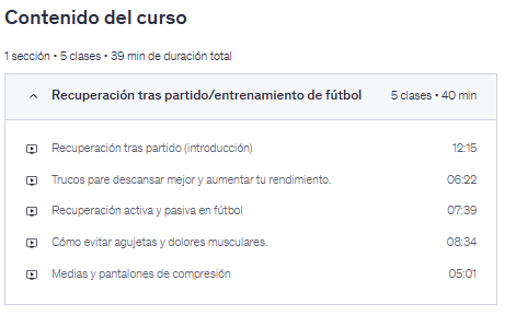 Contenido del curso "Recuperación post-partido (fútbol). Preparación física" en Udemy