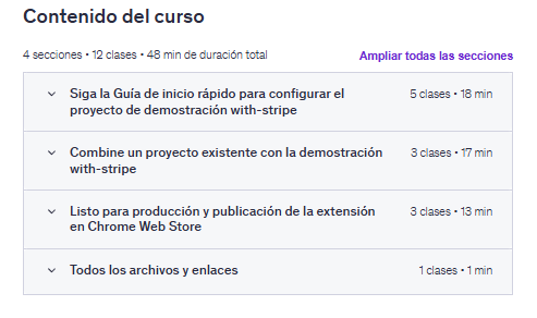Contenido del curso "Configurar el pago de Stripe en la extensión de Chrome (Plasmo y Next.js)" en Udemy