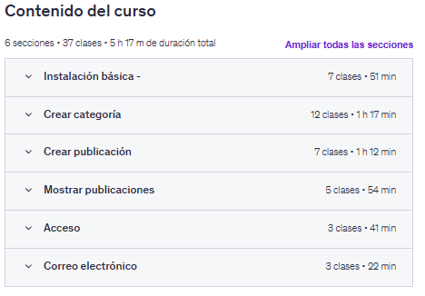 Contenido del curso "Laravel para principiantes: Crea un blog en Laravel 5.2" en Udemy