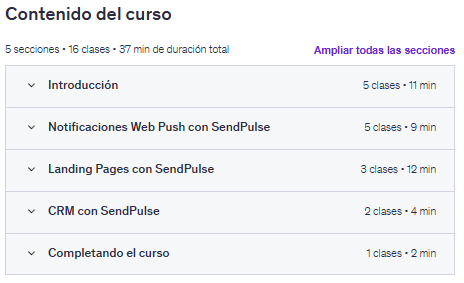 Contenido del curso "Marketing Digital 2: Notificaciones Web Push y más" en Udemy