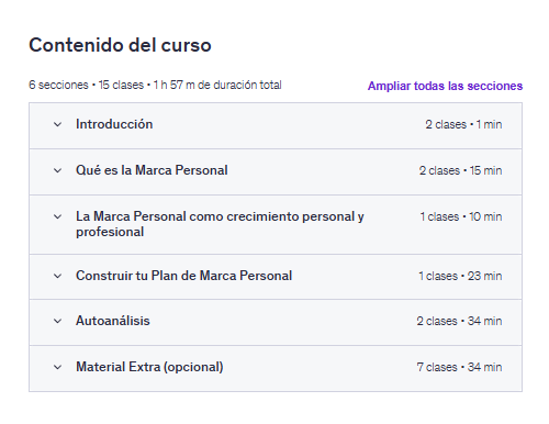 contenido del curso
Crea tu Plan de Marca Personal en Udemy