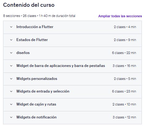 Contenido del curso "Aprende Flutter - Curso para principiantes" en Udemy