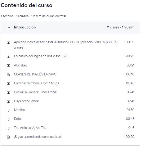 Contenido del curso "Domina lo básico del inglés con esta clase GRATIS" en udemy