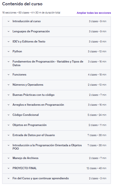 Contenido del curso "Introducción a la Programación con Python" en Udemy