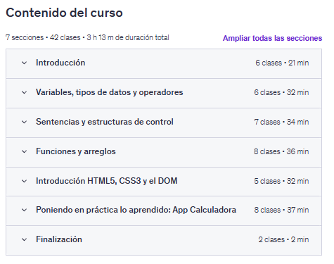 Contenido del curso "Introducción a la Programación con JavaScript" en Udemy