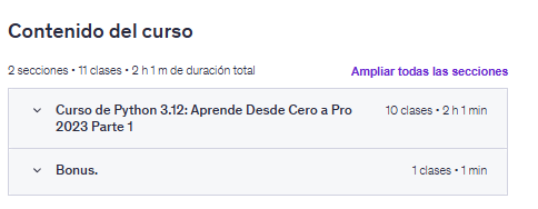 Contenido del curso "Curso de Python 3.13: Aprende Desde Cero a Pro 2025 Parte 1" en Udemy
