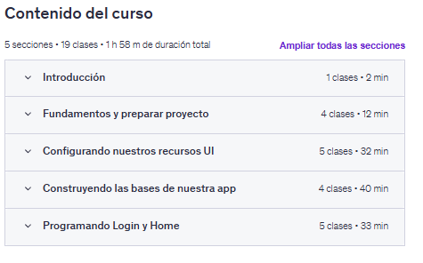 Contenido del curso "React Native: básico a intermedio, Android y iOS" en Udemy