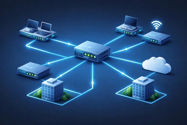 Diagrama de red informática con routers, switches y dispositivos conectados, representando una simulación de redes con Cisco Packet Tracer.