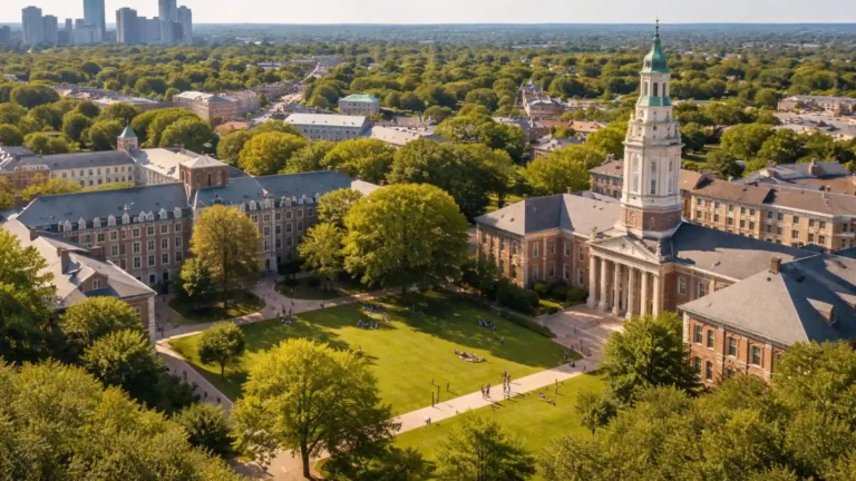 Vista aérea de un campus universitario en Estados Unidos, relacionada con una beca internacional de verano