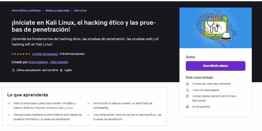 Imágen del curso "¡Iníciate en Kali Linux, el hacking ético y las pruebas de penetración!" de Udemy