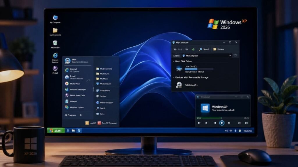 Una pantalla de computadora muestra la interfaz de Windows XP 2026, con nostalgia moderna.