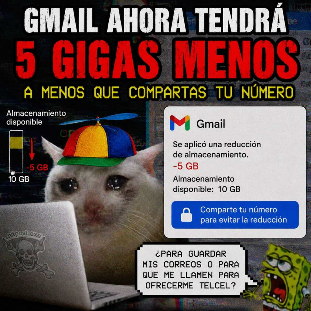 Meme estilo shitpost sobre Gmail reduciendo 5 GB de almacenamiento. Aparece un gato triste con gorra de hélice frente a una laptop, un aviso falso de Gmail y texto grande en rojo y blanco.
