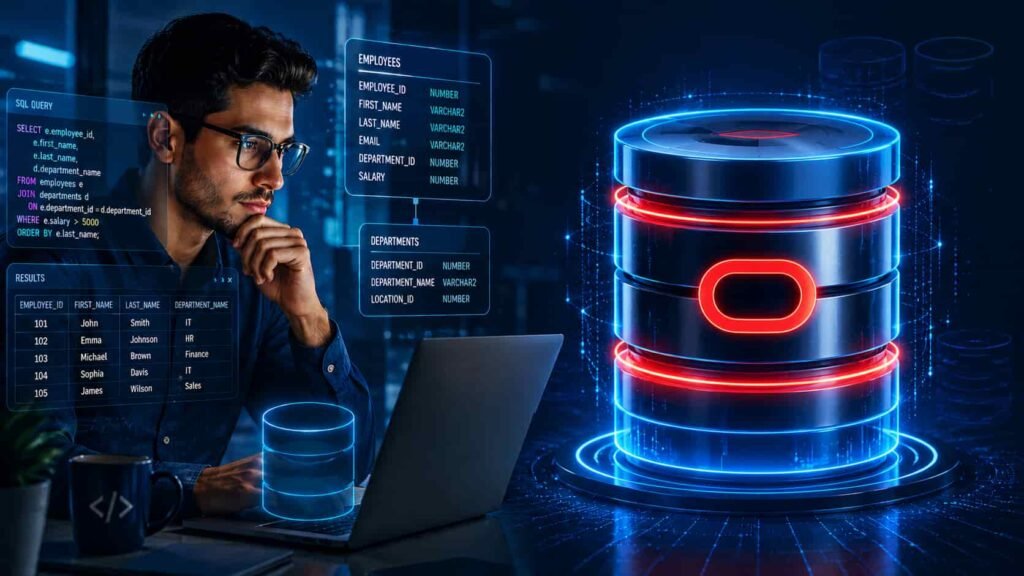 Ilustración tecnológica de Oracle SQL con base de datos holográfica y paneles de consultas SQL en entorno digital futurista.