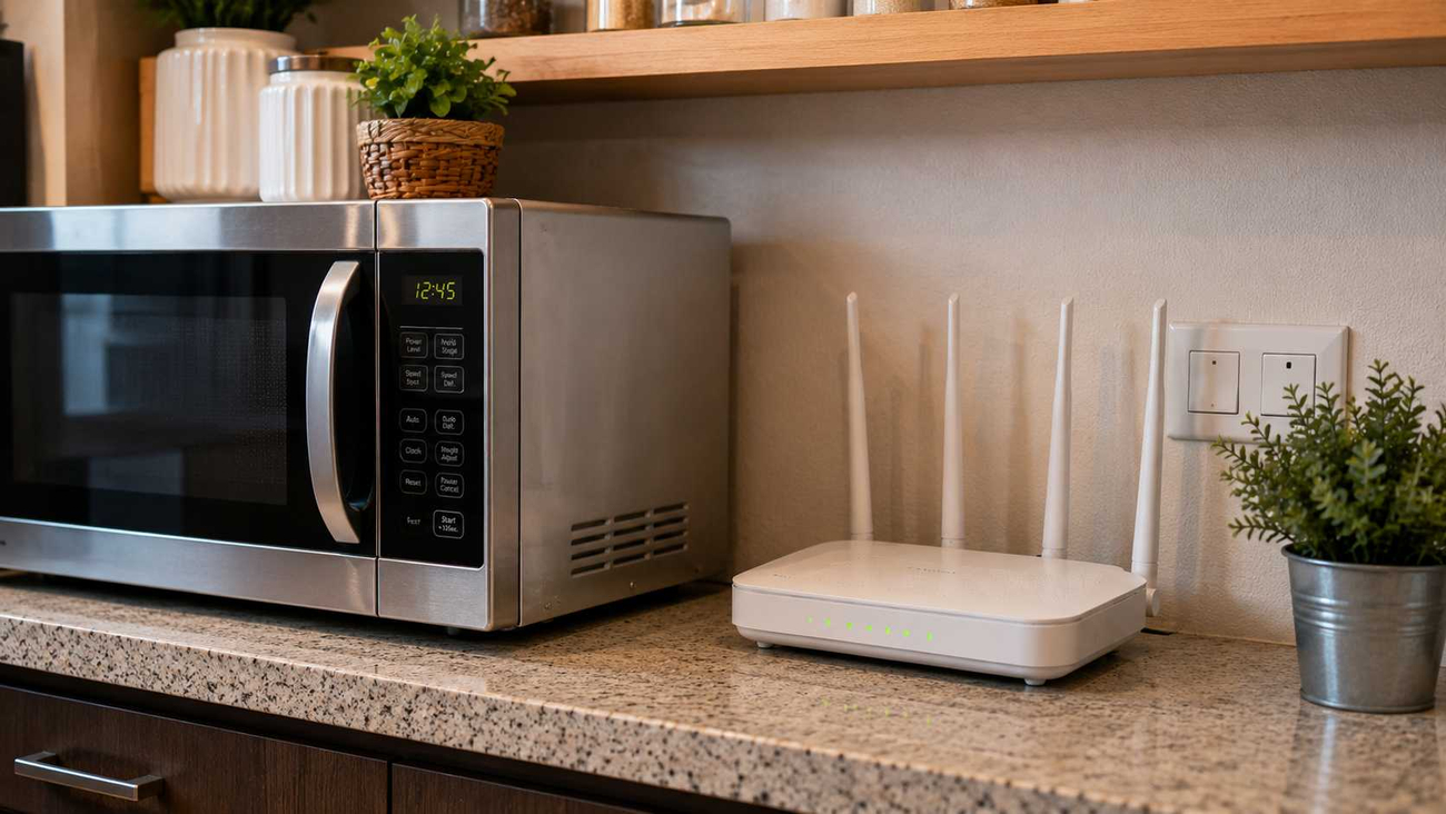 Router Wi-Fi instalado cerca de un horno de microondas