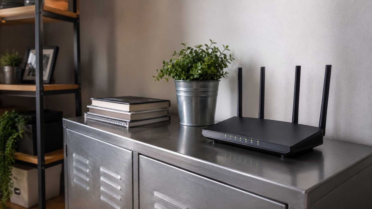 Router colocado junto a un mueble metálico o superficie de metal