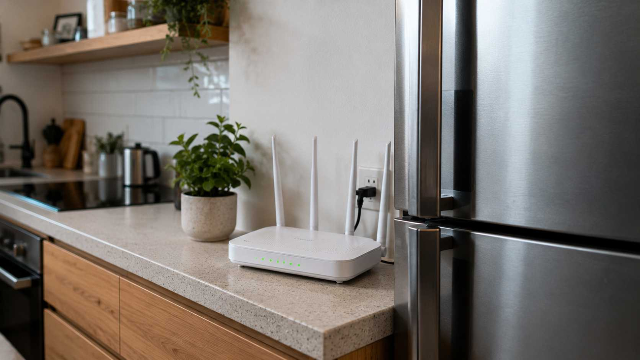 Router ubicado cerca de un refrigerador o electrodoméstico grande