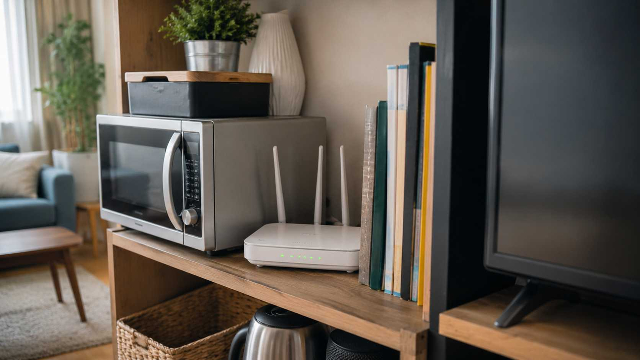 Router Wi-Fi ubicado entre obstáculos y electrodomésticos dentro de una vivienda