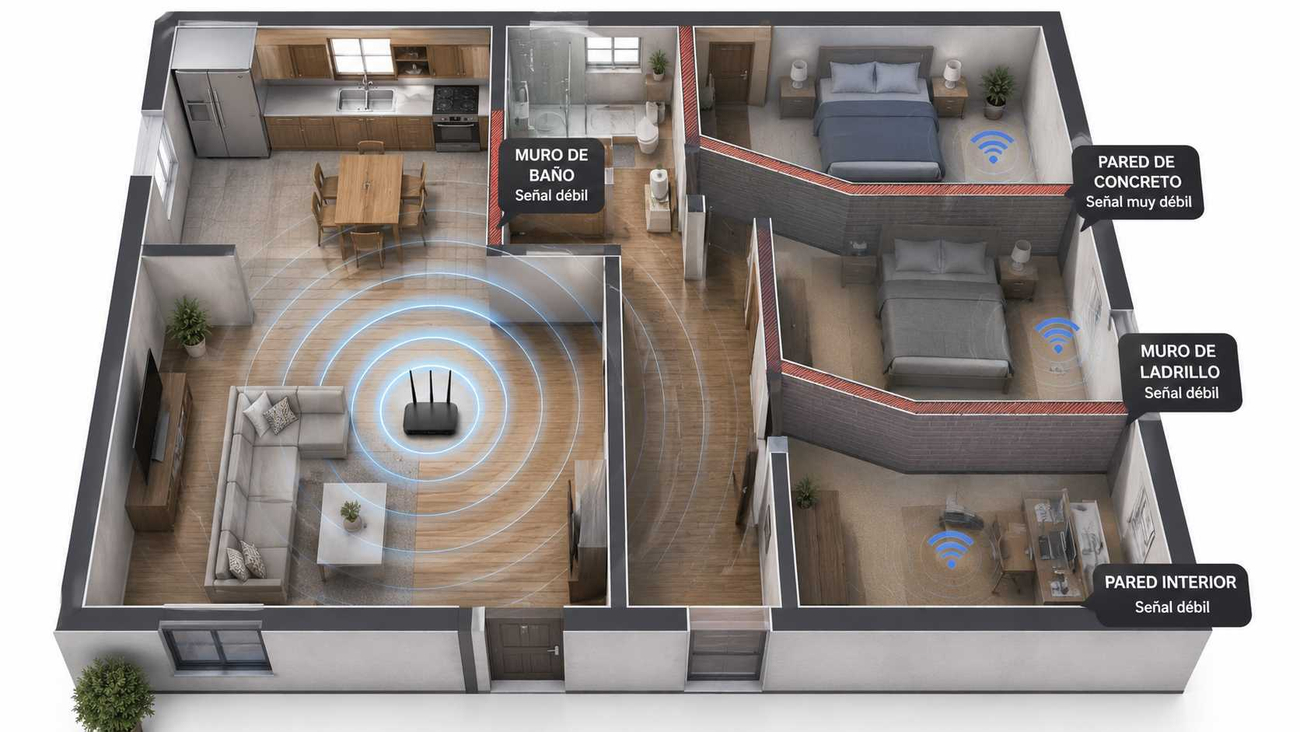 Plano de una vivienda mostrando paredes y muros bloqueando la señal Wi-Fi