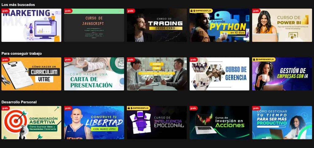 [Captura de Claseflix mostrando cursos gratis y contenido EmprendeFlix]