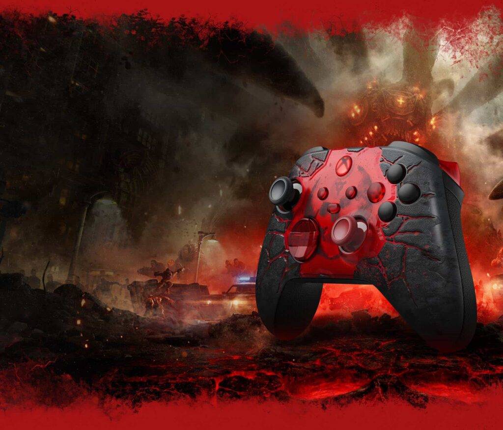 Control inalámbrico XBOX: Gears of War: E-Day, disponible con XBOX Design Lab sobre un fondo de campo de lava